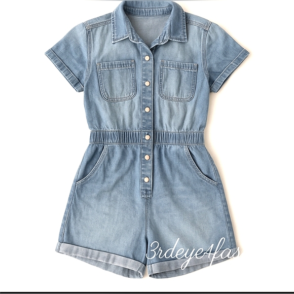 ✨ Celebrity Pink Denim Romper Medium (7-9) Juniors Cute Casual 👖☀️ - Picture 1 of 12